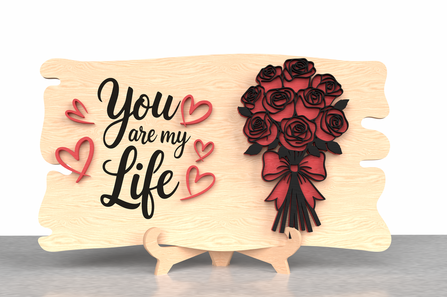Romantic Wooden Table Decor – "You Are My Life" with 3D Rose Bouquet